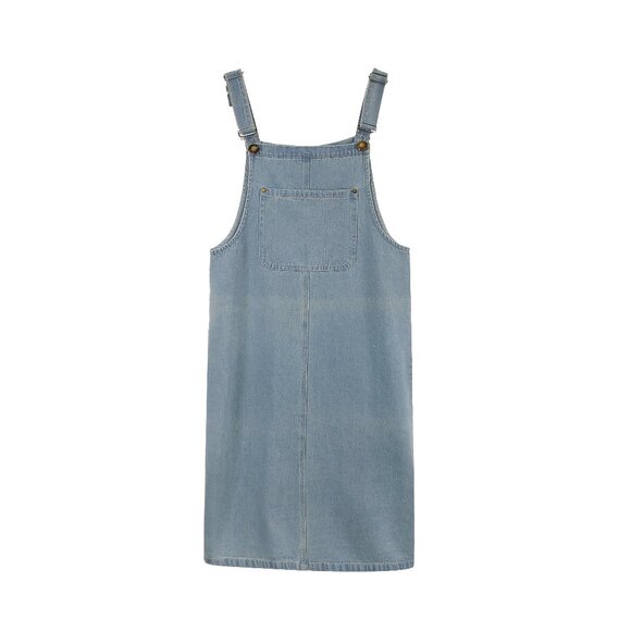 Denim Overall Dress Women Vintage Straight Suspender Midi Jean Pinafore Dress - Picture 1 of 5